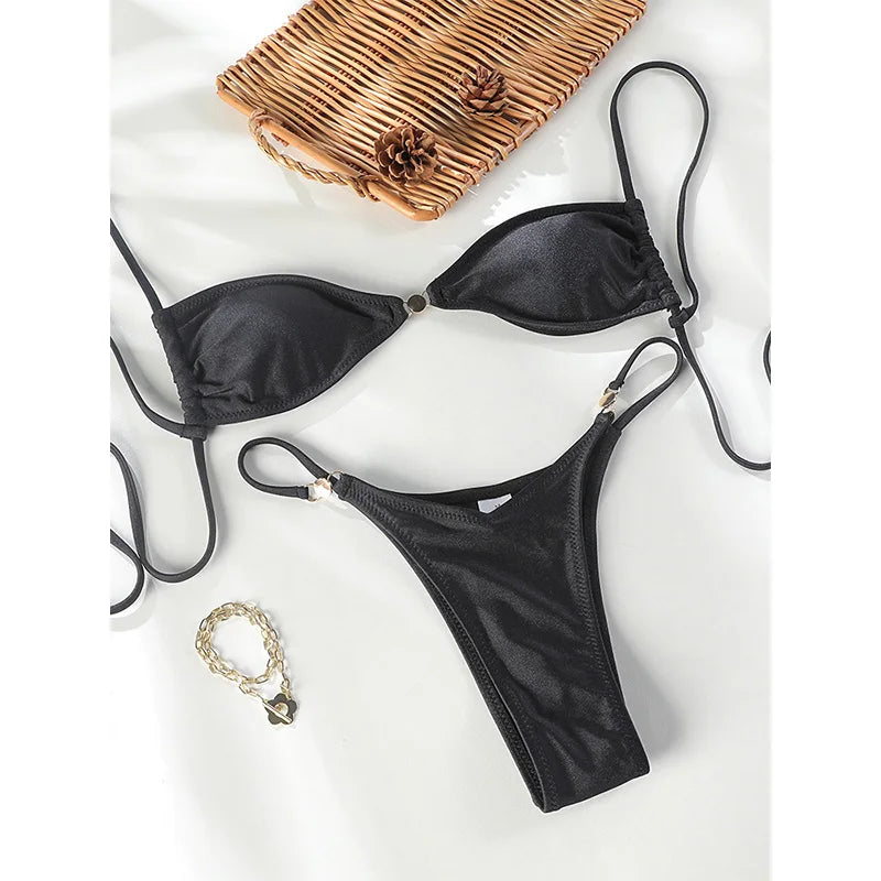 Bandage Bikinis Solid Color Swimwear Women Sexy Bikini Set Summer Bathing Suit Micro Thong Biquini