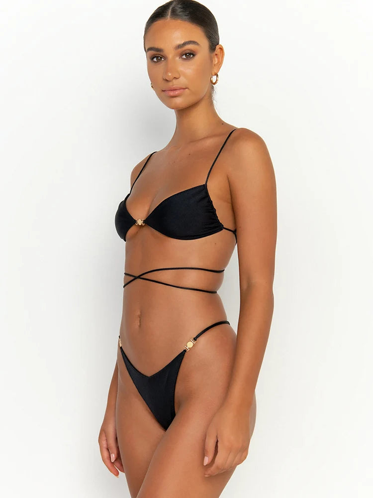 Bandage Bikinis Solid Color Swimwear Women Sexy Bikini Set Summer Bathing Suit Micro Thong Biquini