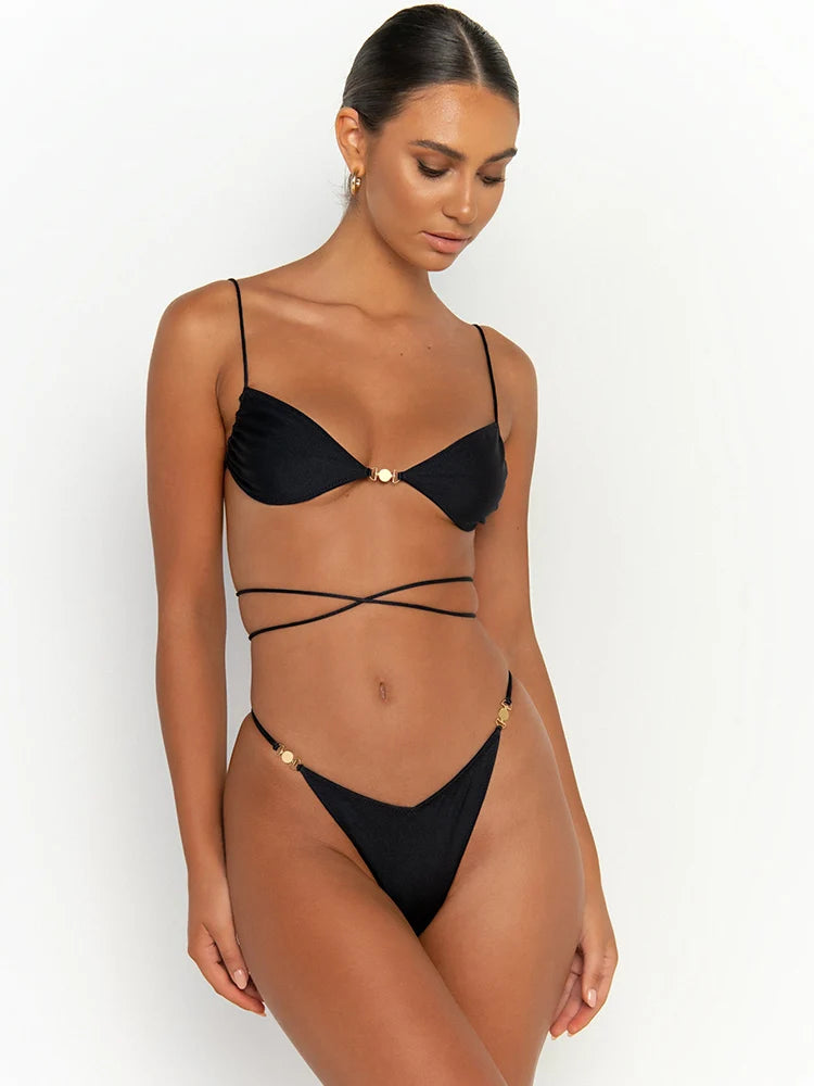 Bandage Bikinis Solid Color Swimwear Women Sexy Bikini Set Summer Bathing Suit Micro Thong Biquini