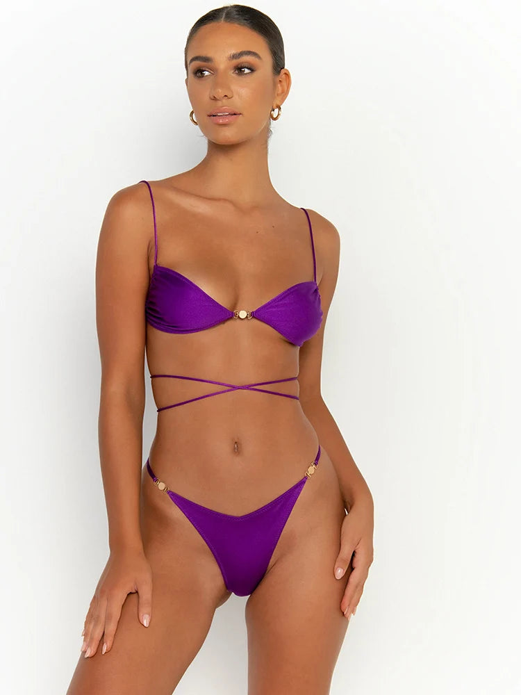 Bandage Bikinis Solid Color Swimwear Women Sexy Bikini Set Summer Bathing Suit Micro Thong Biquini