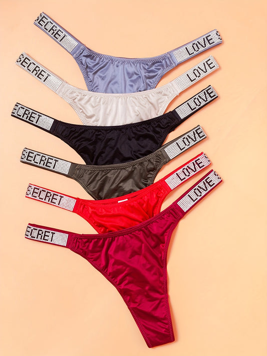 6pcs Rhinestone Low Waist Thongs