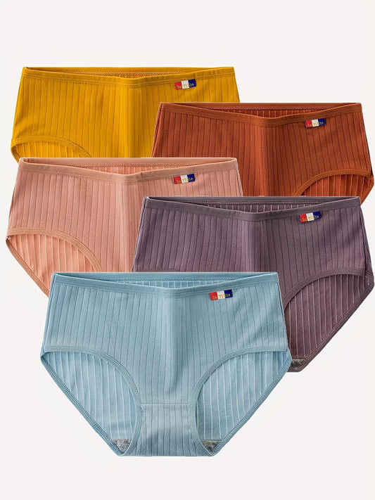 5pcs Solid Ribbed Briefs